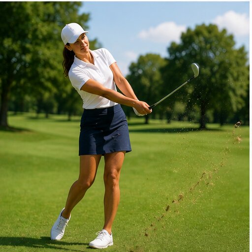 Golfer mid-downswing on the fairway