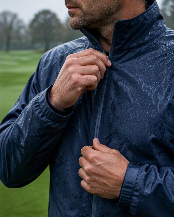 A golfer zipping up a navy waterproof jacket in the rain